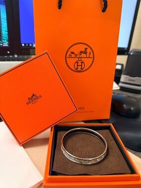 Hermes Silver-tone Enamel Bangle with White Accents